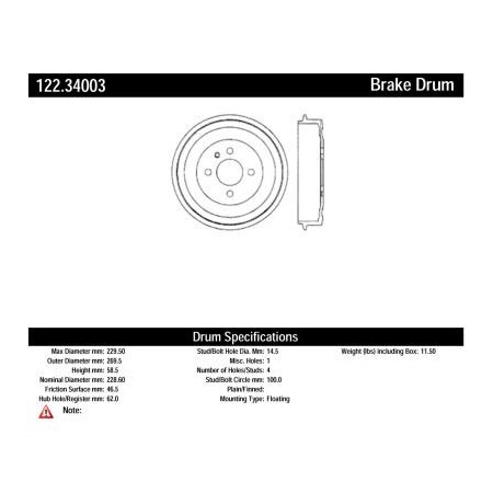Centric Premium Brake Drum, Parts 122.34003